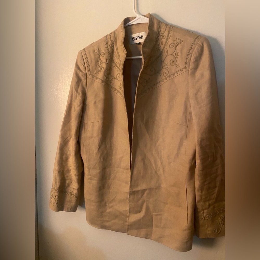 Kasper Tan Embroidered Open-Front Blazer